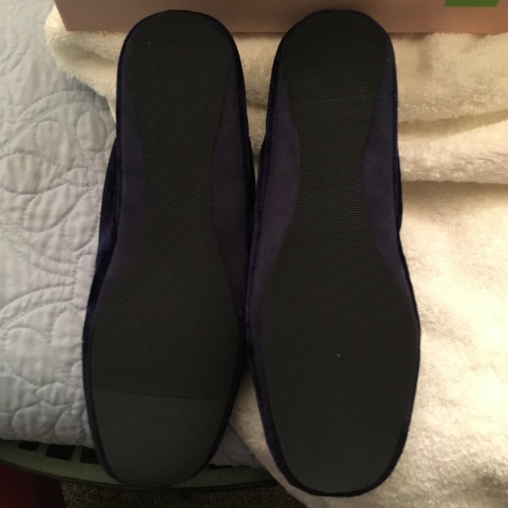 Navy Blue Velvet Slippers with Gold Lettering NWT - Picture 5 of 10